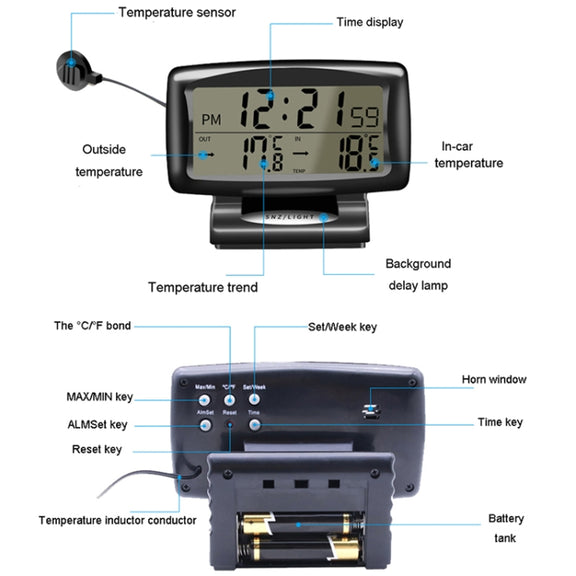 LCD Night Light Car Clock Automotive Electronics Inside And Outside Dual Thermometer