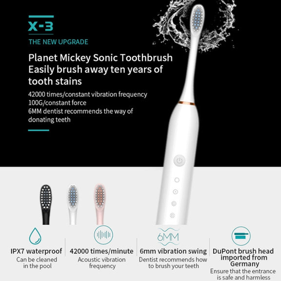 Rechargeable Ultrasonic Soft Bristle Electrical Toothbrushes Flosser 6 Gear With 4 Brushes(Black)
