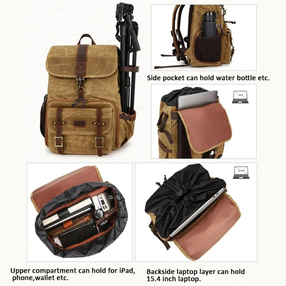 Large Capacity SLR Digital Camera Bag Laptop Backpack Canvas Storage Bag(Khaki)