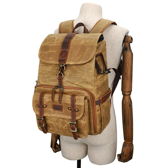 Large Capacity SLR Digital Camera Bag Laptop Backpack Canvas Storage Bag(Khaki)