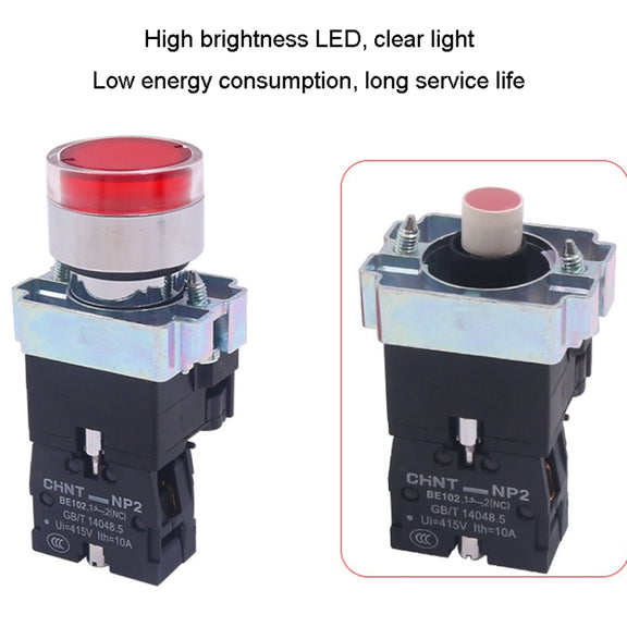 CHINT NP2-BW3463/220V 2 NO Pushbutton Switches With LED Light Silver Alloy Contact Push Button (Red)
