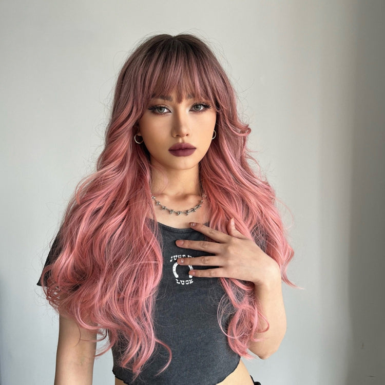 Gradient Pink Long Curly Chemical Fiber Wig Headgear(LC6018)