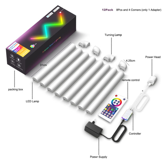 8pcs+4 Corners Bluetooth 12V RGBIC Splicing Wall Light Intelligent Remote Control Indoor Decorative Ambient Lights(UK Plug)