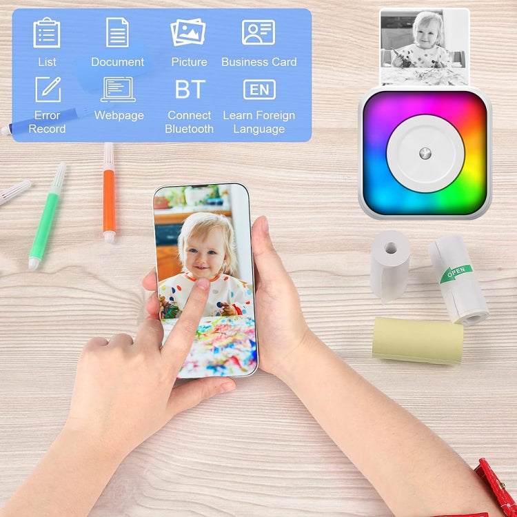 RGB Light Portable Mini Bluetooth Printer Inkless Document Label Printer with 5 Paper+5 Stickers+3 Color Paper