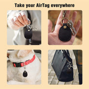 For AirTag Locator Leather Case Access Card with Keychain(Black)