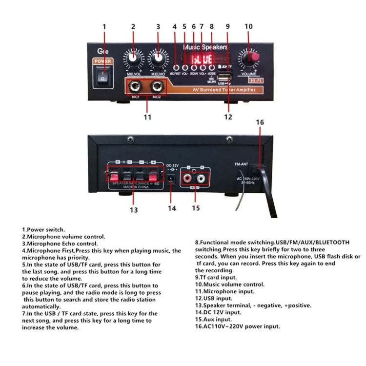Bluetooth Built-in Recording Microphone USB Flash Drive Digital Dual-purpose Power Amplifier(US Plug 110V)