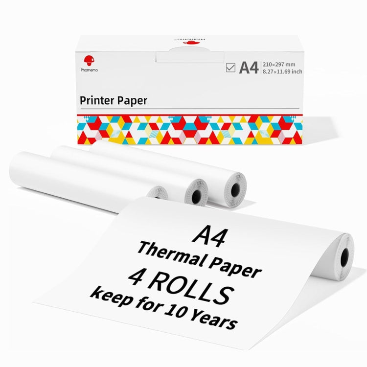 Phomemo 4rolls /Box A4 Writing Quick-Drying Thermal Paper 10-Year Long-Lasting For M832 / M833 / M834 / M835 Printer