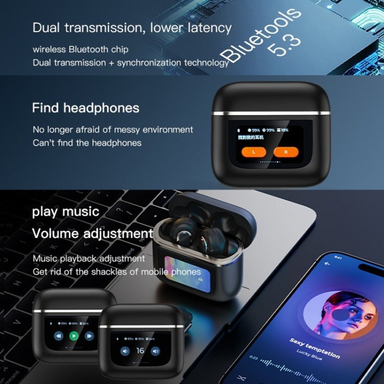 Color Screen Touch ANC Active Noise Reduction LCD Wireless Bluetooth Earphones(Black)