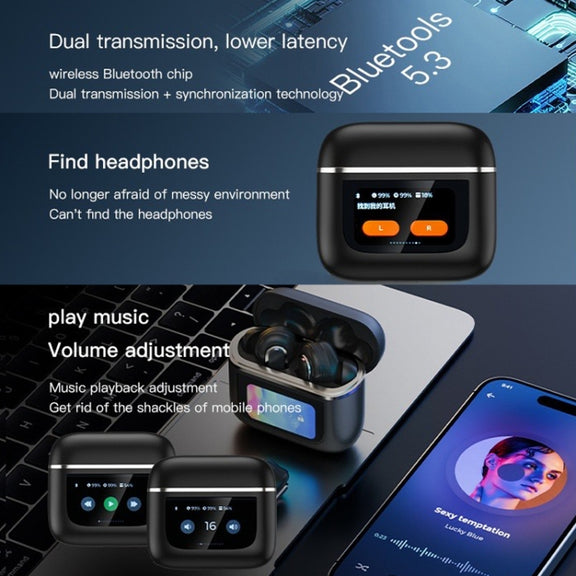 Color Screen Touch ANC Active Noise Reduction LCD Wireless Bluetooth Earphones(Black)