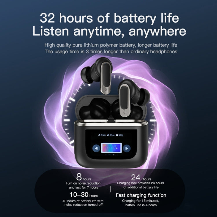 Color Screen Touch ANC Active Noise Reduction LCD Wireless Bluetooth Earphones(Black)