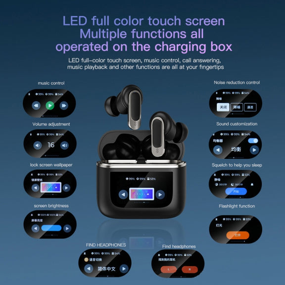 Color Screen Touch ANC Active Noise Reduction LCD Wireless Bluetooth Earphones(Black)