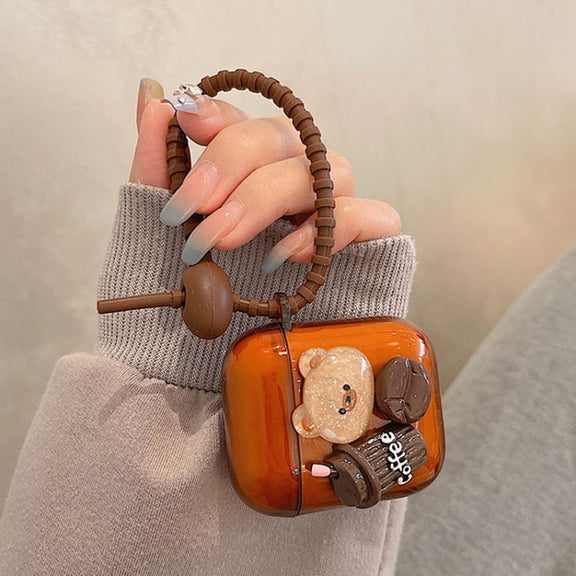For AirPods 2 / 1 Cartoon 3D Coffee Bear Headphones Case Protective Shell Cover