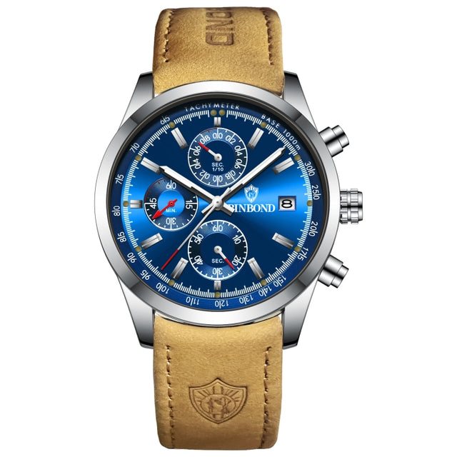 BINBOND B6022 30m Water-resistant Luminous Multifunctional Quartz Watch, Color: Leather-White Steel-Blue