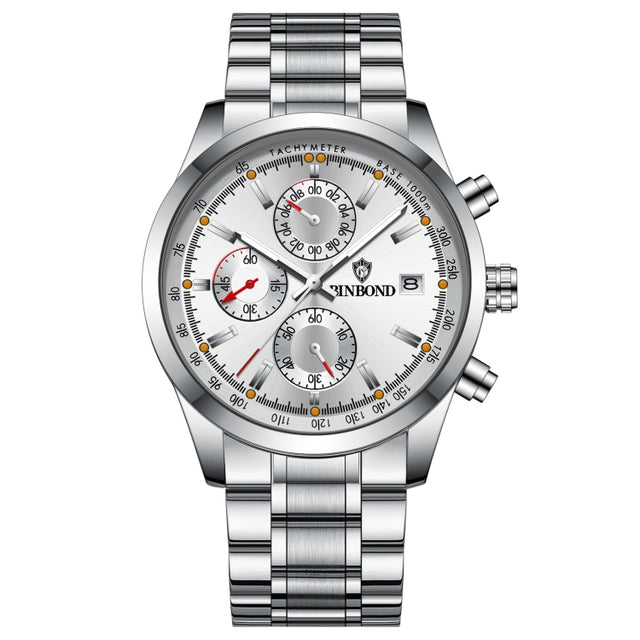 BINBOND B6022 30m Water-resistant Luminous Multifunctional Quartz Watch, Color: White Steel-White
