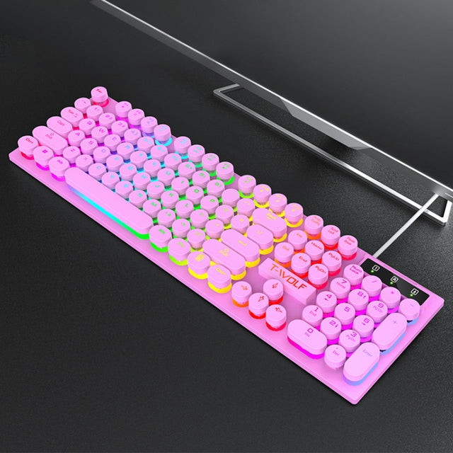 T-WOLF T80 104-Keys RGB Illuminated Office Game Wired Punk Retro Keyboard, Color: Pink