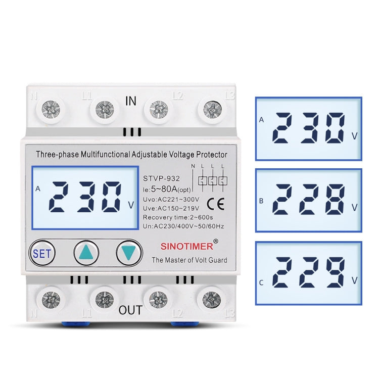 SINOTIMER STVP-932 40A 3-phase 380V LCD Self-resetting Adjustable Surge Voltage Protector