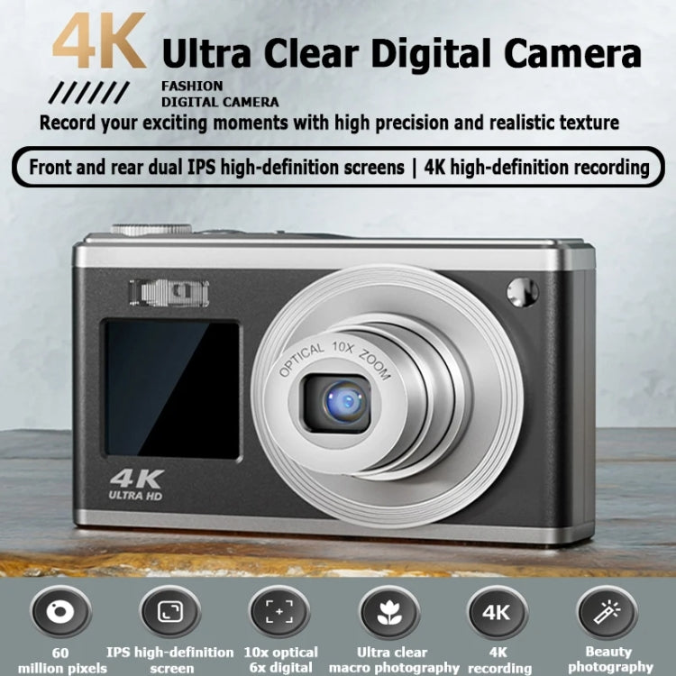 4K HD Optical Zoom Digital Camera 60MP Dual Screen Selfie Camera, No Memory(Black)