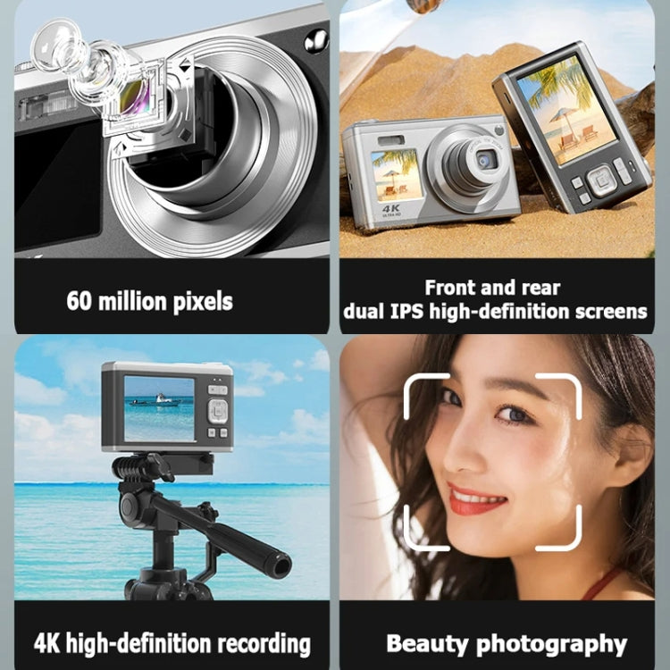 4K HD Optical Zoom Digital Camera 60MP Dual Screen Selfie Camera, No Memory(Black)