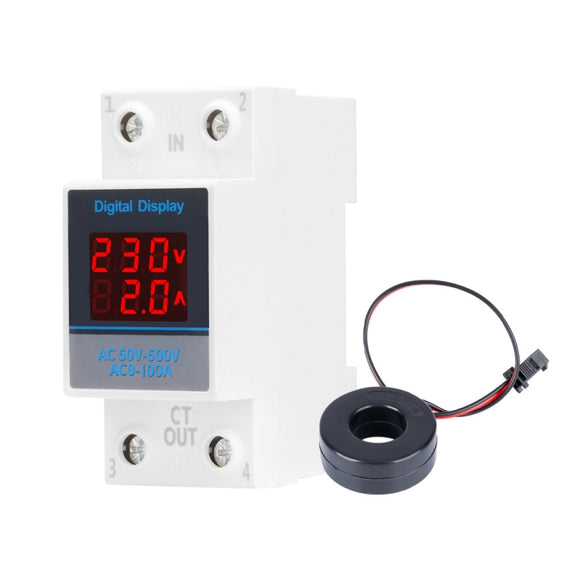SINOTIMER SDM002 Household DIN Rail Single-Phase AC Dual Display Voltage And Current Meter(100A External Intestinal Sensor)