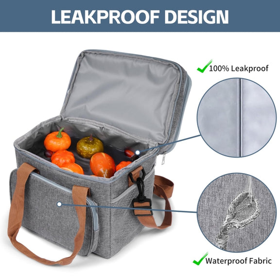 Double Layer Insulated Lunch Bag Large Capacity Food Cooler Bag with Shoulder Strap(Grey)