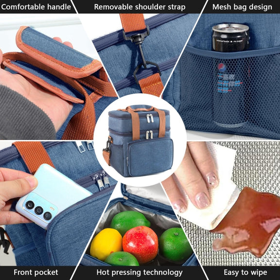 Double Layer Insulated Lunch Bag Large Capacity Food Cooler Bag with Shoulder Strap(Grey)