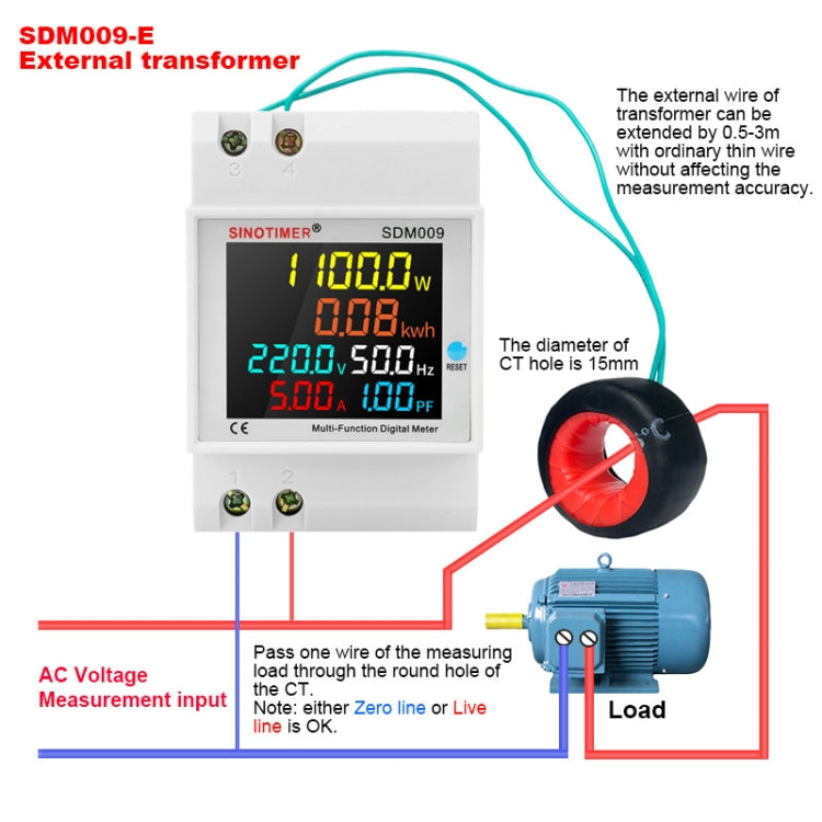 SINOTIMER SDM009 Din Rail Single-Phase Voltage Current Frequency Power Factor Electricity Multifunctional Meter, Model: AC40-300V External