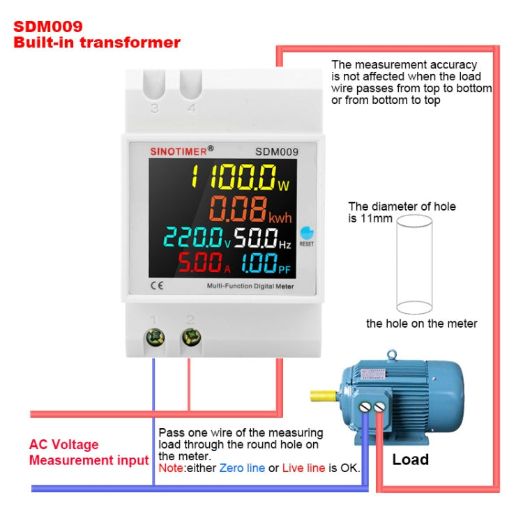 SINOTIMER SDM009 Din Rail Single-Phase Voltage Current Frequency Power Factor Electricity Multifunctional Meter, Model: AC250-450V Built-In