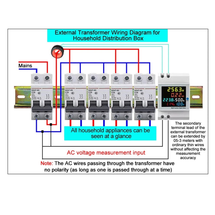 SINOTIMER SDM009 Din Rail Single-Phase Voltage Current Frequency Power Factor Electricity Multifunctional Meter, Model: AC250-450V External