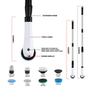 Cordless Electric Spin Scrubber Extension Handle with 7 Replacement Heads(White)
