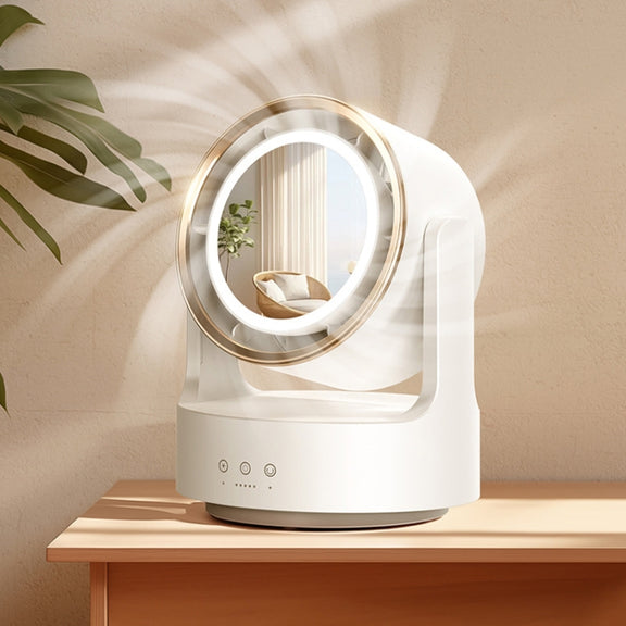 3 In 1 Multifunctional Desktop Fan with LED Light Cosmetic Mirror Rechargeable Oscillating