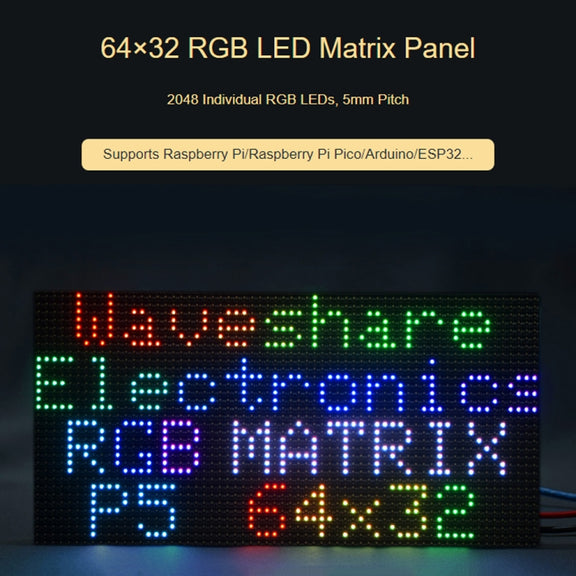 Waveshare RGB Full-color LED Matrix Panel, 5mm Pitch, 64x32 Pixels, Adjustable Brightness(25848)