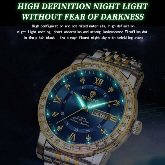 BINBOND B2202 Diamond Dual-calendar Luminous Quartz Watch, Color: Full-gold-Black