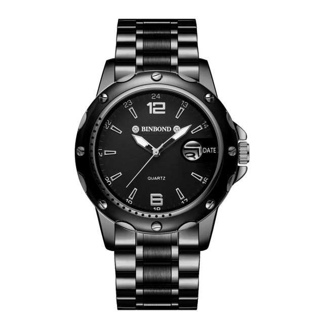 BINBOND B9696 Outdoor Calendar Luminous Water-resistant Quartz Watch, Color: Black Steel-Black-White Nail