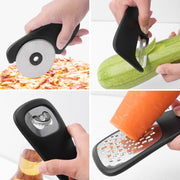 6 In 1 Stackable Kitchen Gadgets Melon Peeler Herb Chopper Garlic Grater Can Opener Pizza Cutter(Black)