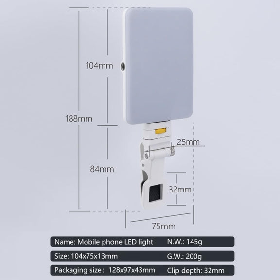60 LEDs Rechargeable Clip Fill Light With Front & Back Clip Adjusted 3 Light Modes For Phone, Spec: A Type White