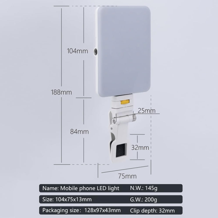 60 LEDs Rechargeable Clip Fill Light With Front & Back Clip Adjusted 3 Light Modes For Phone, Spec: A Type White