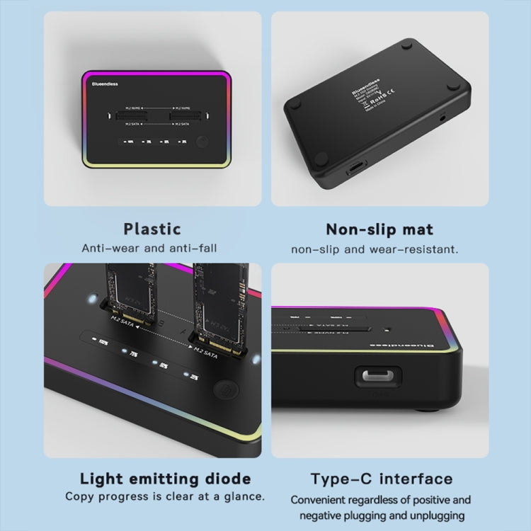 RGB NVME + SATA Blueendless M.2 Dual-Slot Hard Drive Base Solid State Hard Drive Box, US Plug