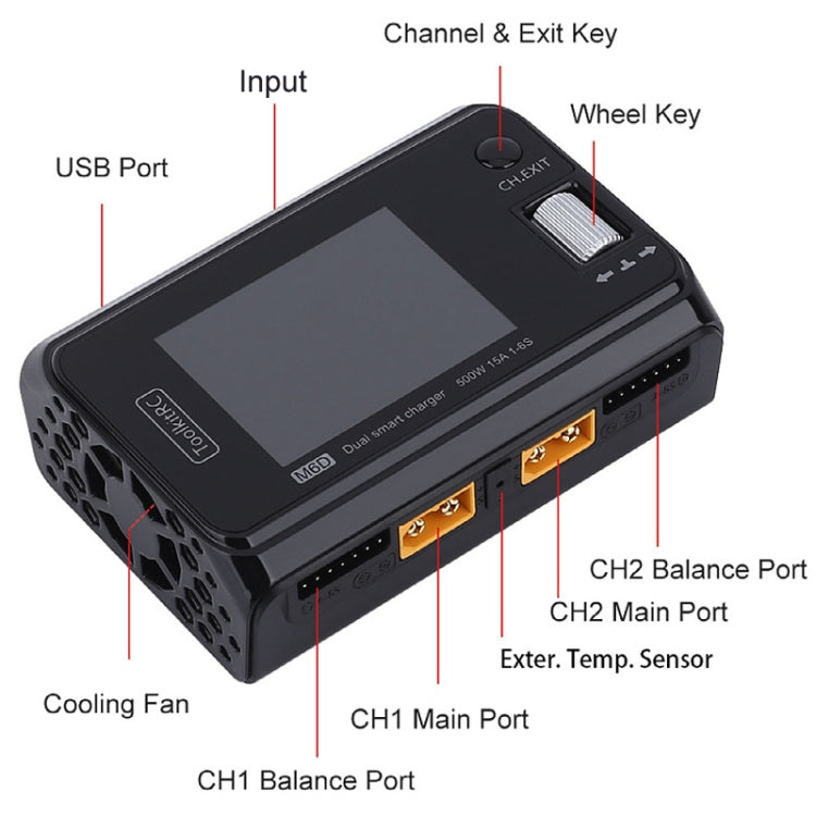 ToolkitRC M6D 500W Toy Airplane Dual Channel Li-Po Battery Balance Charger(Black)