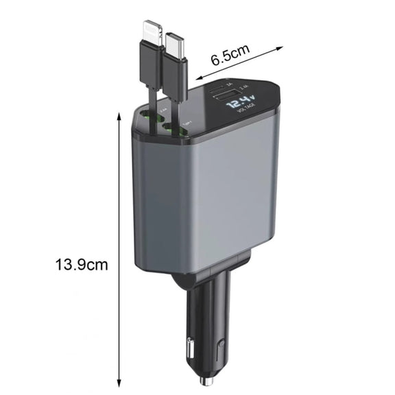 4-In-1 120W Multifunctional USB Retractable Dual-Line Digital Display Car Fast Charger(8 Pin + Type-C)