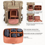 Vintage Camera Bag Water-resistant  Canvas Backpack with Laptop Compartment Tripod Holder(Khaki)