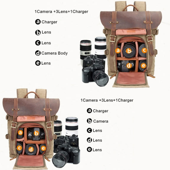 Vintage Camera Bag Water-resistant  Canvas Backpack with Laptop Compartment Tripod Holder(Khaki)