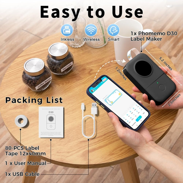 Phomemo D30 Thermal Label Printer Portable Bluetooth Mini Label Maker Machine With 3 Rolls Paper White