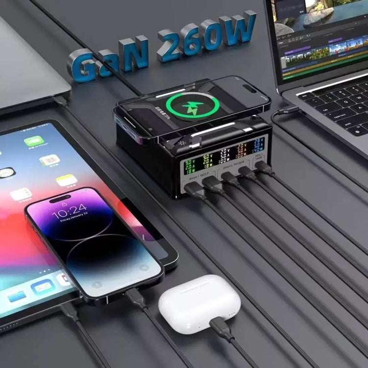 868D 6-In-1 260W High-Power Type-C+USB Multi Ports Charger Supports QI Wireless Charging(EU Plug)