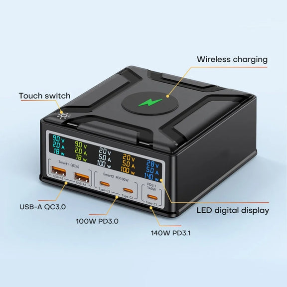 868D 6-In-1 260W High-Power Type-C+USB Multi Ports Charger Supports QI Wireless Charging(UK Plug)