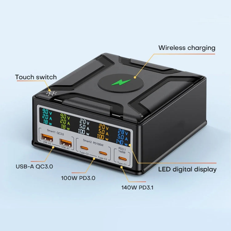 868D 6-In-1 260W High-Power Type-C+USB Multi Ports Charger Supports QI Wireless Charging(EU Plug)
