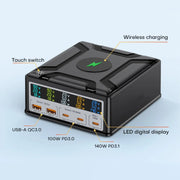 868D 6-In-1 260W High-Power Type-C+USB Multi Ports Charger Supports QI Wireless Charging(US Plug)
