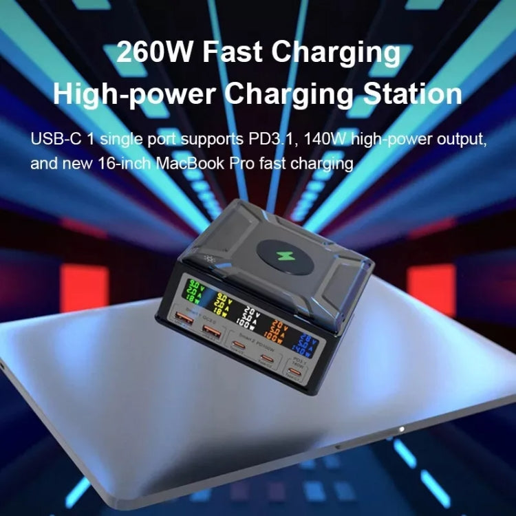 868D 6-In-1 260W High-Power Type-C+USB Multi Ports Charger Supports QI Wireless Charging(EU Plug)