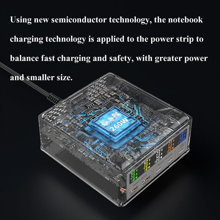 868D 6-In-1 260W High-Power Type-C+USB Multi Ports Charger Supports QI Wireless Charging(UK Plug)