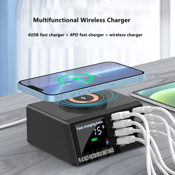X9M 9-in-1 110W USB+PD Smart Multi-ports QI Magnetic Wireless Charger, Spec: White EU Plug