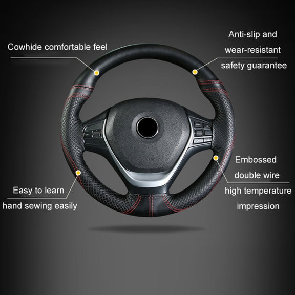 38cm Cowhide Embossed Hand-Stitched Double-Line Steering Wheel Cover(Black White Line)